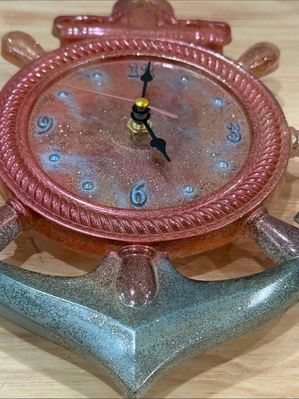 Coastal Ship Wheel Wall Clock in Copper and Teal
